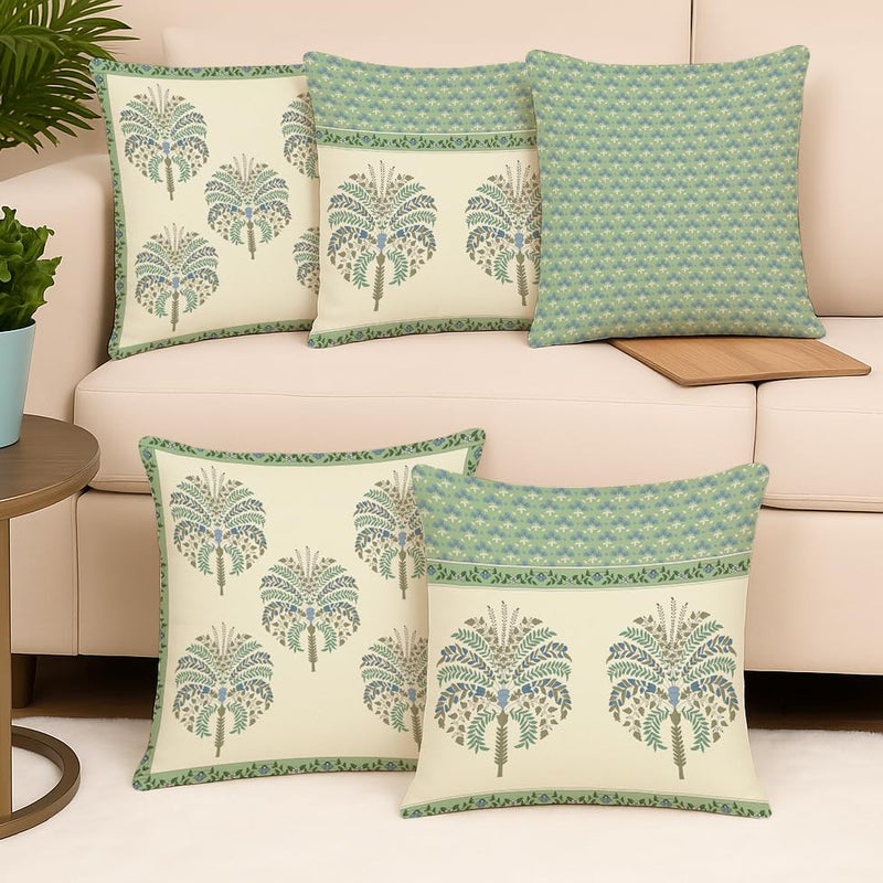 BRICK HOME Set of 5 Polycotton Printed Cushion Covers 16x16 Inches | Traditional Palm & Floral Design | Mint Green, Blue & Beige | Soft Decorative Pillow Covers for Sofa, Couch & Living Room - Image 2