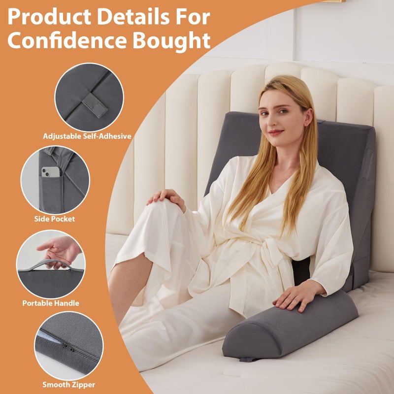 BIEEZZK 3PCS Wedge Pillow for Acid Reflux Relief, Adjustable Wedge Pillow Headboard, Bed Wedges Pillow for Back Pain Relief, Sleeping, Post Surgery, Back Support Pillows for Sitting Up, Snoring, Plush Grey - Image 4