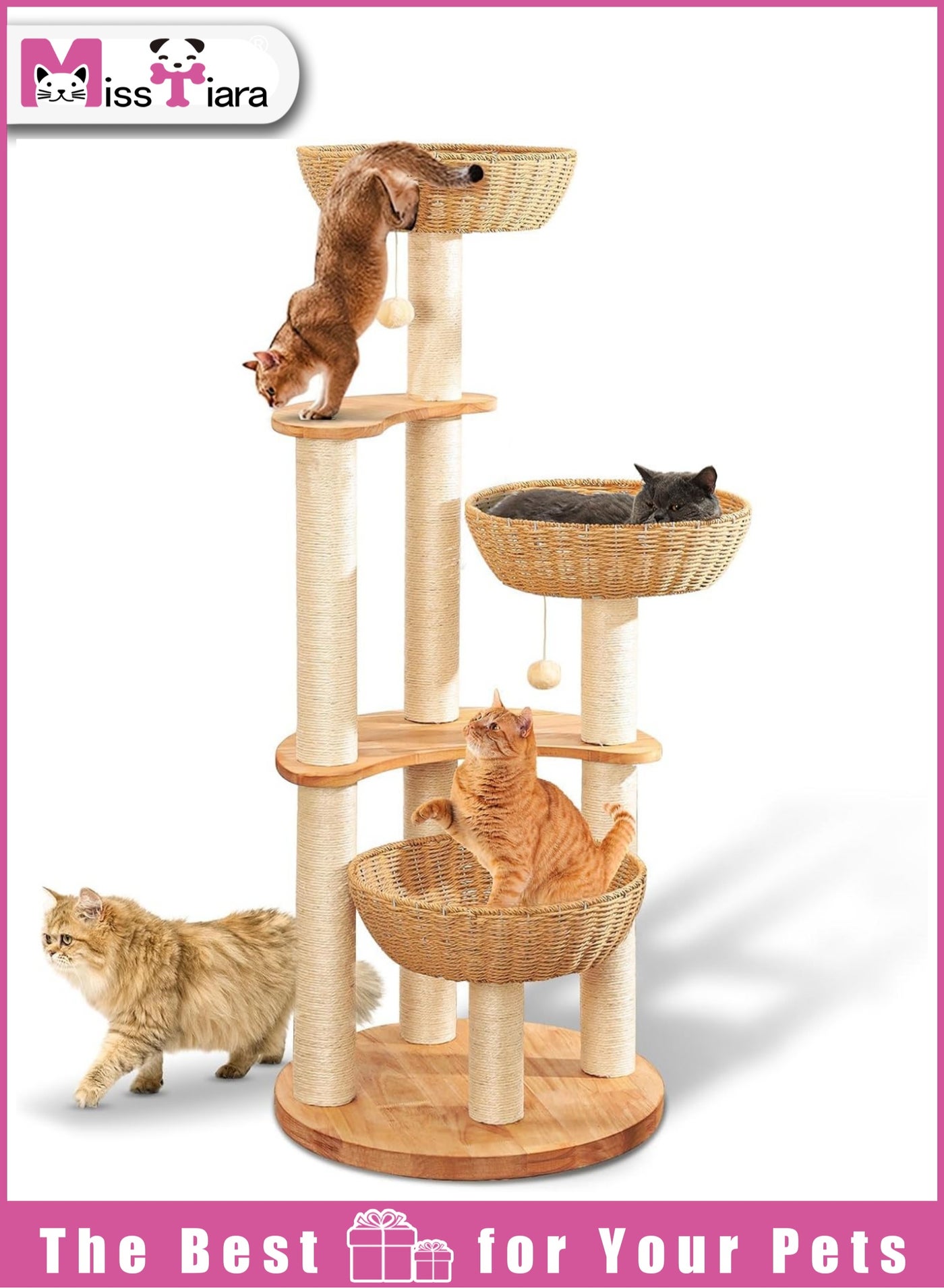MissTiara Modern Cat Tree Tower for Indoor Cats Solid Oak Cat Scratching Tree for Multiple Large Cats Manual Hand Woven Luxury Cat Condo, Unique High-end Design Cat Furniture Activity Centre, Easy Clean
