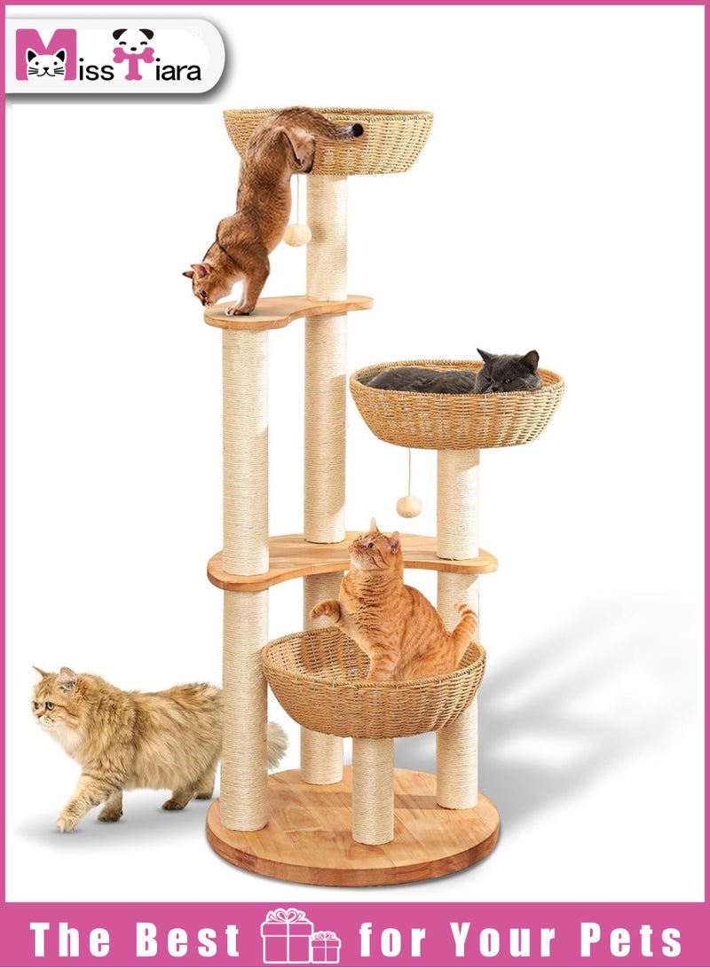 MissTiara Modern Cat Tree Tower for Indoor Cats  Solid Oak Cat Scratching Tree for Multiple Large Cats Manual Hand Woven Luxury Cat Condo, Unique High-end Design Cat Furniture Activity Centre, Easy Clean - Image 1