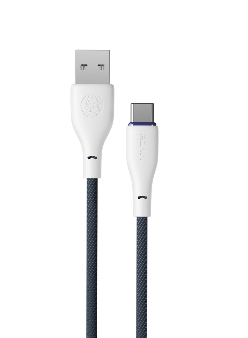 رونين كابل رونين فليكسين R-2025 من USB-A إلى Type-C - شحن سريع 3.0 أمبير - مجدول محمي - نقل بيانات - طول 1.2 متر - متين مقاوم للتشابك - للاندرويد والأجهزة اللوحية وأجهزة Type-C - أزرق - Image 1