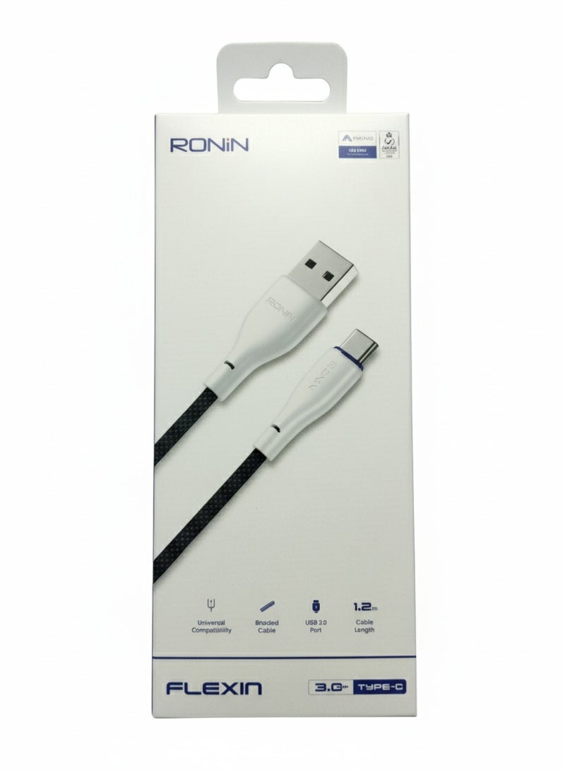 رونين كابل رونين فليكسين R-2025 من USB-A إلى Type-C - شحن سريع 3.0 أمبير - مجدول محمي - نقل بيانات - طول 1.2 متر - متين مقاوم للتشابك - للاندرويد والأجهزة اللوحية وأجهزة Type-C - أزرق - Image 2