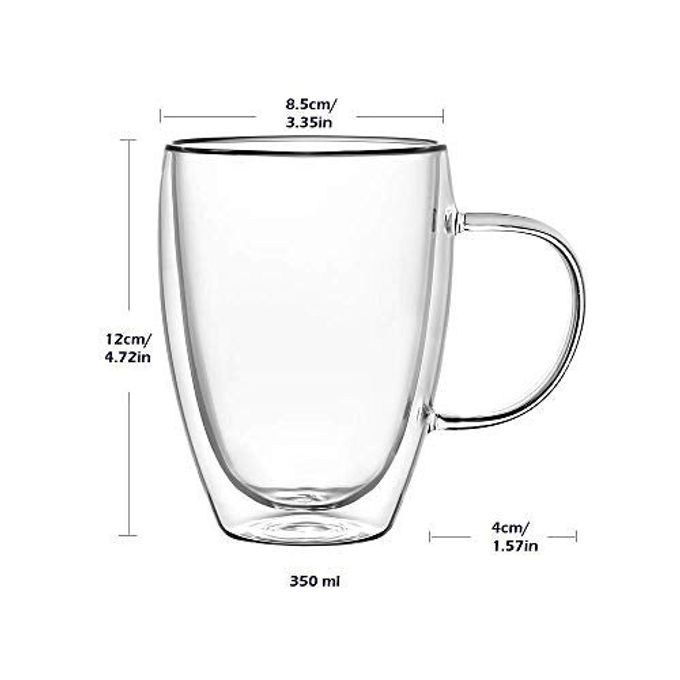 Wells 12 Oz Double Walled Glass Coffee Mugs with Handle, Insulated Layer Coffee Cups, Clear Borosilicate Glass Mugs Gift for Cappuccino,Tea,Latte,Espresso,Hot Beverage,Cold Drinks, Set of 2 - Image 2