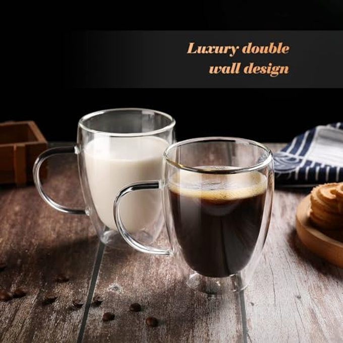 Wells 12 Oz Double Walled Glass Coffee Mugs with Handle, Insulated Layer Coffee Cups, Clear Borosilicate Glass Mugs Gift for Cappuccino,Tea,Latte,Espresso,Hot Beverage,Cold Drinks, Set of 2 - Image 3