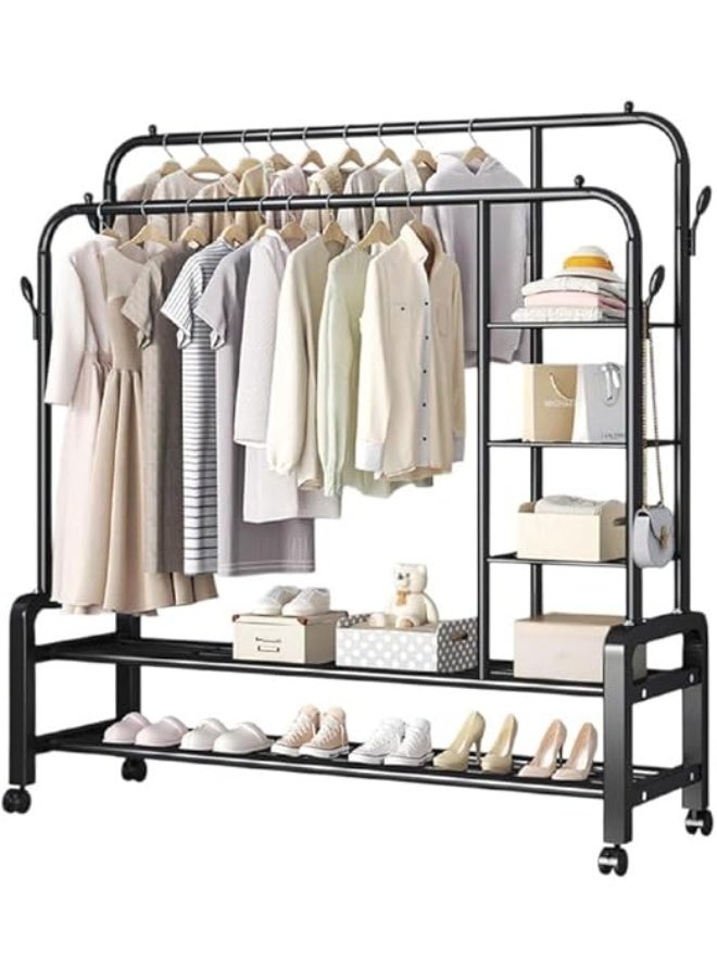 Spaceshoop Metal Double Rod Clothing Rack for Space Saving, Garment with Bottom 2 Shelf and Side 4 Shelves, Portable Closets for Hanging Clothes, 4 Hooks (black)  - Image 1