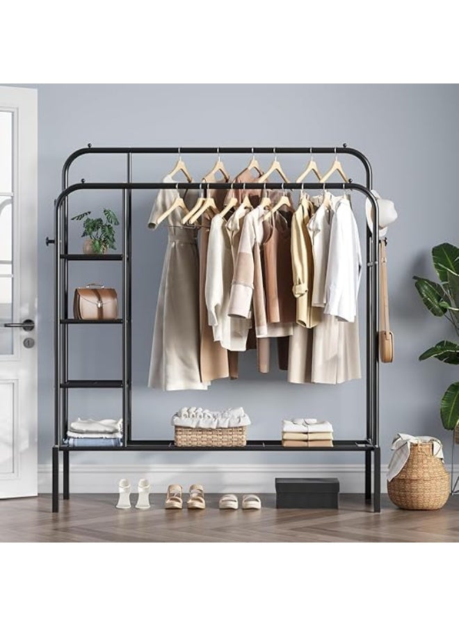 Spaceshoop Metal Double Rod Clothing Rack for Space Saving, Garment with Bottom 2 Shelf and Side 4 Shelves, Portable Closets for Hanging Clothes, 4 Hooks (black)  - Image 4