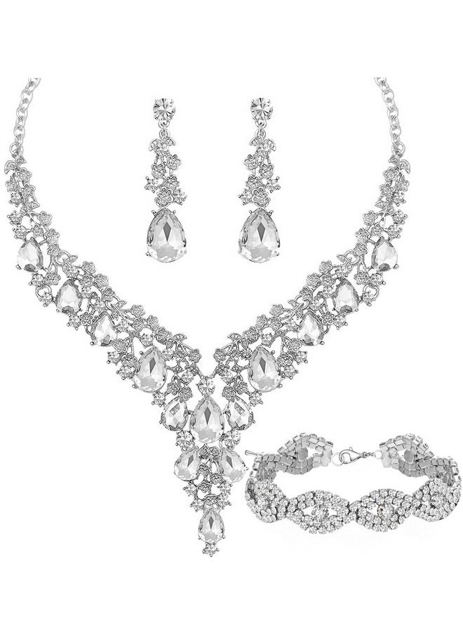 Paxuan - Wedding Bridal Bridesmaid Austrian Crystal Rhinestone Jewelry Sets Statement Choker Necklace Earrings Bracelets Sets For Wedding Party Prom (Necklace + Earring + Bracelet (White)) - Image 1
