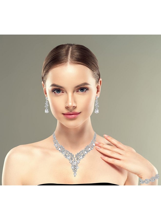 Paxuan - Wedding Bridal Bridesmaid Austrian Crystal Rhinestone Jewelry Sets Statement Choker Necklace Earrings Bracelets Sets For Wedding Party Prom (Necklace + Earring + Bracelet (White)) - Image 1
