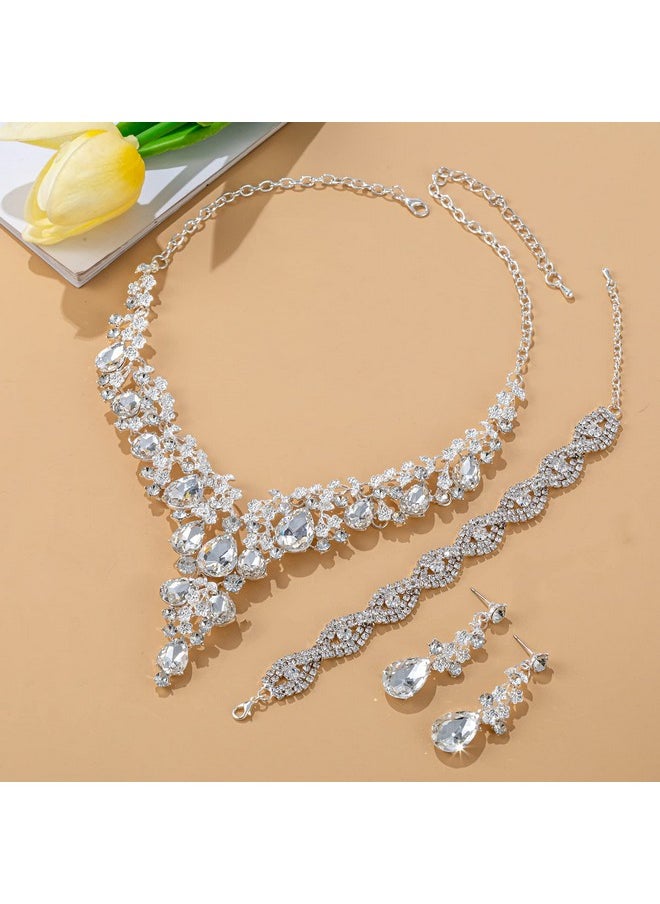 Paxuan - Wedding Bridal Bridesmaid Austrian Crystal Rhinestone Jewelry Sets Statement Choker Necklace Earrings Bracelets Sets For Wedding Party Prom (Necklace + Earring + Bracelet (White)) - Image 1