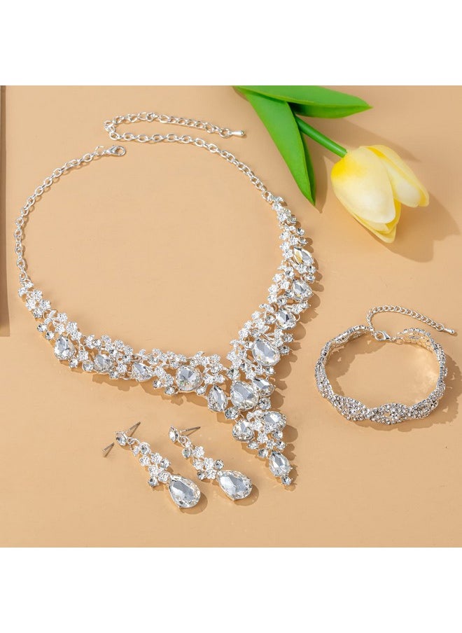 Paxuan - Wedding Bridal Bridesmaid Austrian Crystal Rhinestone Jewelry Sets Statement Choker Necklace Earrings Bracelets Sets For Wedding Party Prom (Necklace + Earring + Bracelet (White)) - Image 1