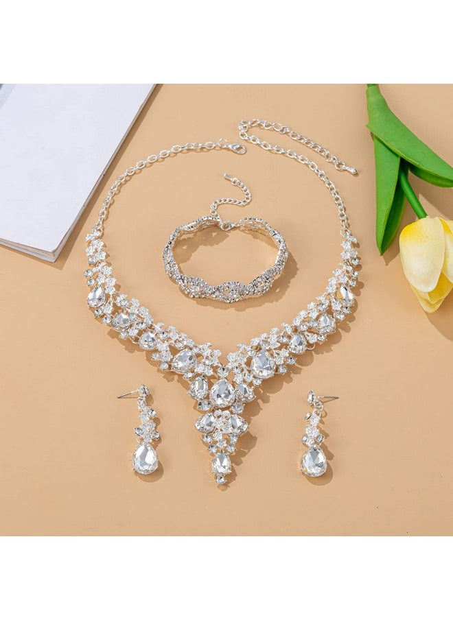Paxuan - Wedding Bridal Bridesmaid Austrian Crystal Rhinestone Jewelry Sets Statement Choker Necklace Earrings Bracelets Sets For Wedding Party Prom (Necklace + Earring + Bracelet (White)) - Image 1