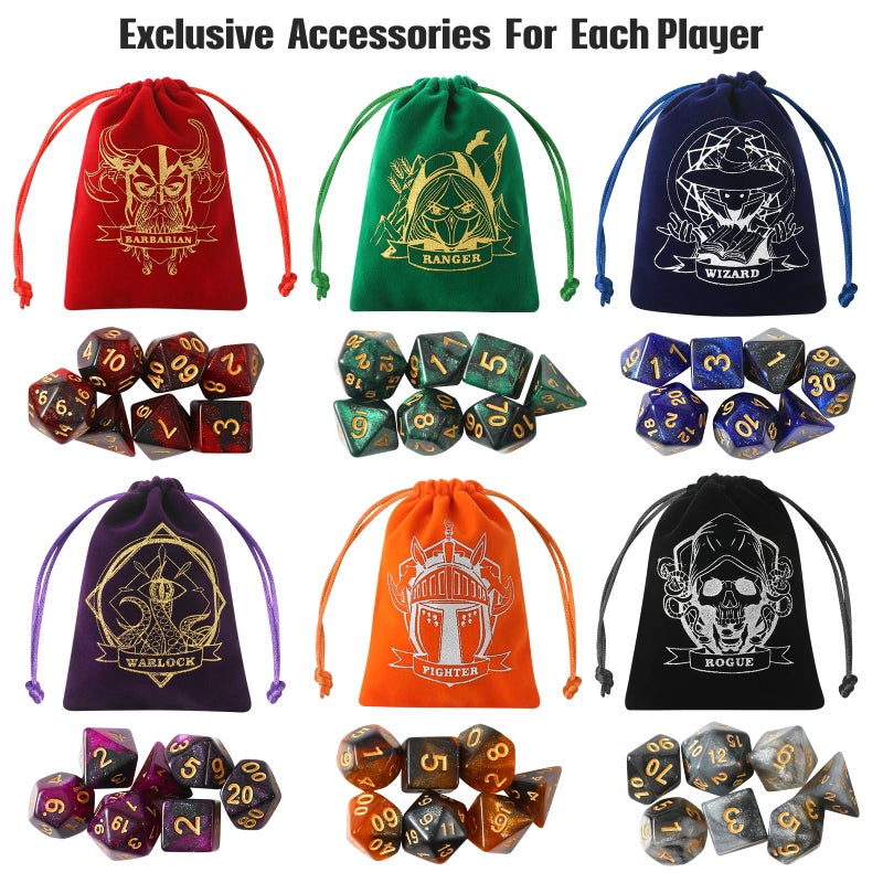 Grajar D&D Dice Set with Characters Pattern Dice Pouches, 42 Pcs polyhedral dice Set, PU Leather and Velvet dice Tray for Dungeons and Dragons D&D RPG MTG Table Games Starry Sky - Image 2