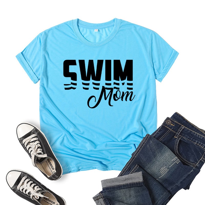 Foreign Trade Cross-border Swimming Mom Swim Mom Printed Short-sleeved Round Neck T-shirt European and American Mens and Womens Top Loose Casual Light blue 
