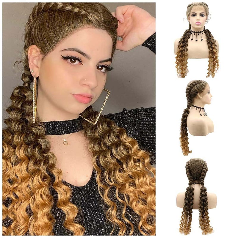 Synthetic Ombre Brown Braid Lace Front Wigs Bouncy Braid Curly Wigs Baby Hair For Women Double Braiding hair Ends Blonde Braided Wigs