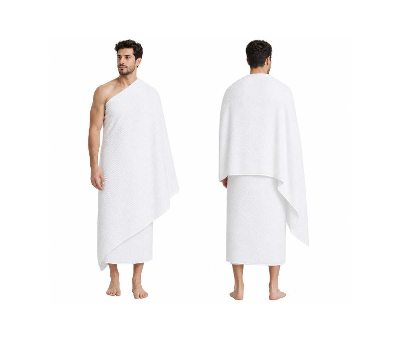 فابينني طقم مناشف إحرام فاخر غير مخيط للرجال، أبيض نقي، كبير الحجم (210 × 110 سم)، خفيف الوزن، مناسب للعمرة، مع حقيبة. - Image 3