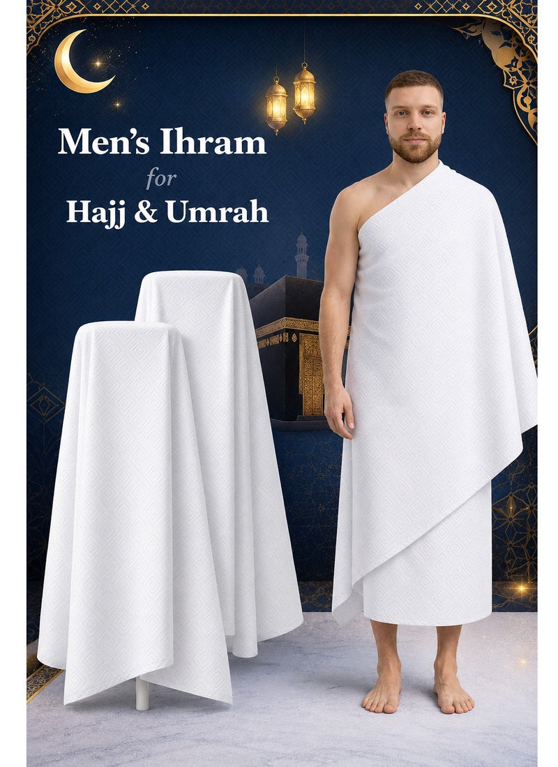 فابينني طقم مناشف إحرام فاخر غير مخيط للرجال، أبيض نقي، كبير الحجم (210 × 110 سم)، خفيف الوزن، مناسب للعمرة، مع حقيبة. - Image 1