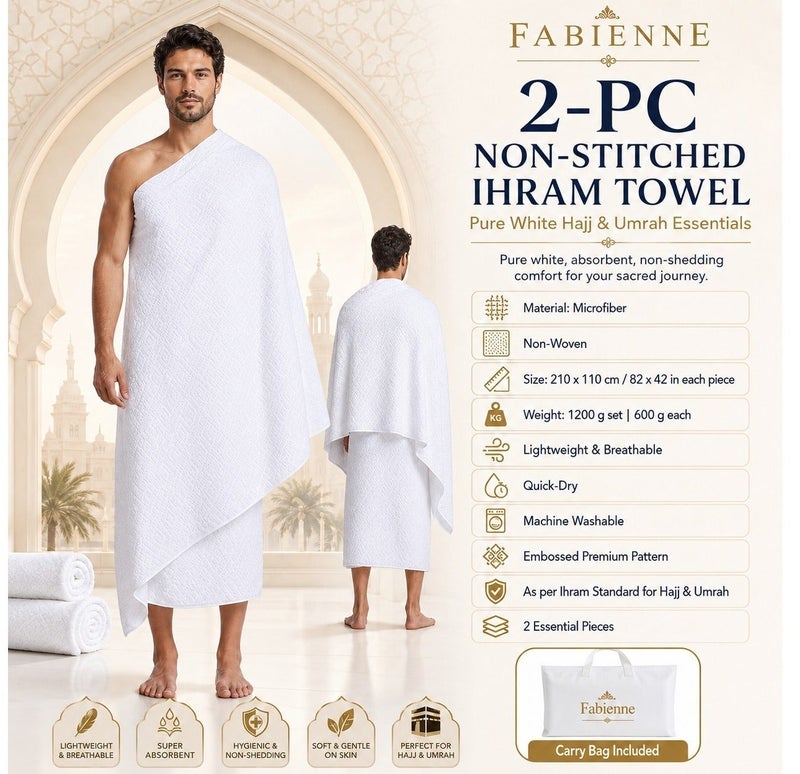 Fabienne 2-Pc Ihram Towel Set Premium Non-Stitched Ihram for Men Pure White Hajj Umrah Towel Large, 82x42 inches 210x110cm Lightweight Umrah Essentials Hygienic Pilgrimage Towel with Bag - Image 2