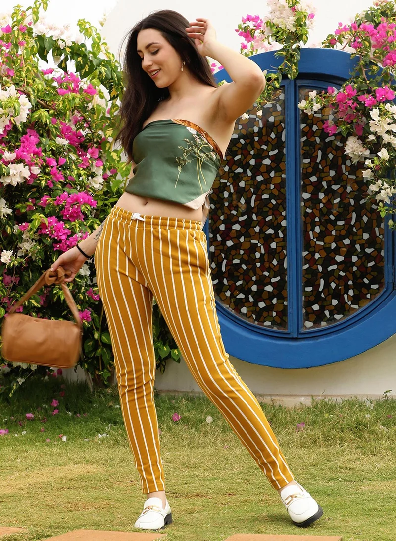 PINACOLADA Women's Mustard Yellow Striped Trackpants