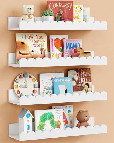 Harwaya Scalloped Nursery Floating Shelves for Wall Set of 4 White Kids Book Shelves Wall Mounted Cloud Hanging Bookshelf for Baby Toddler Child Girls Boys Room Bathroom Bedroom Toys Pine Wood - Image 1
