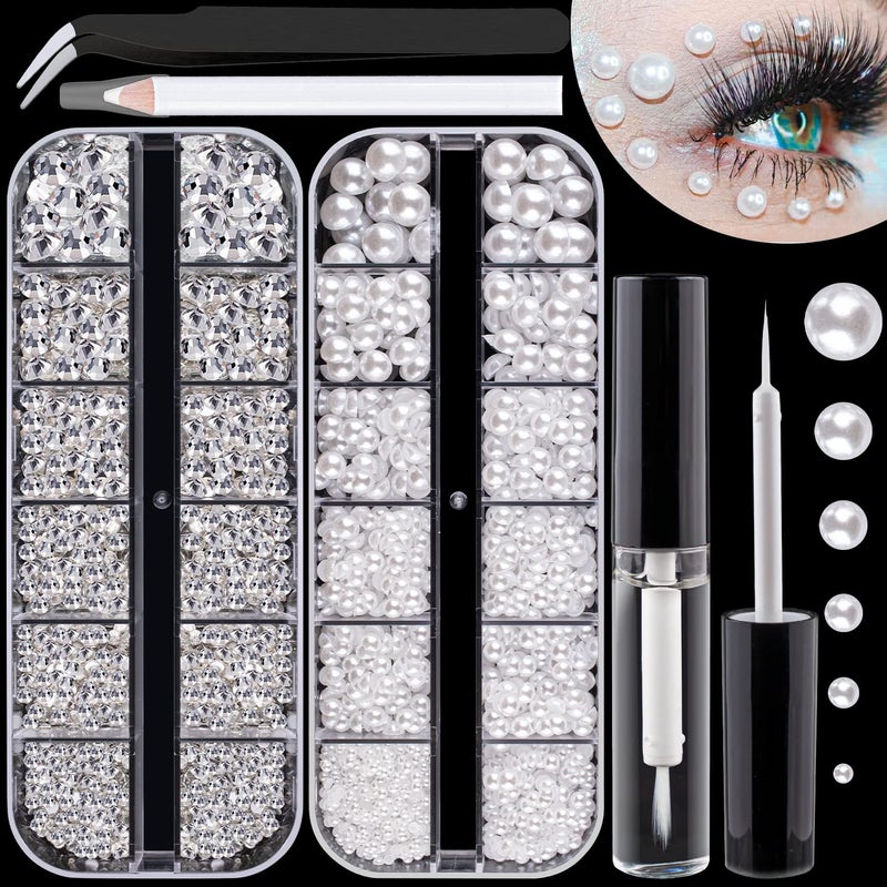 Flat Back RhinestonesPearls Kits Round Glass Crystal Transparent White GemsWhite Pearls with Quick Dry Makeup GluePicker PencilTweezer for Nail Art and Face Eye Body Makeup
