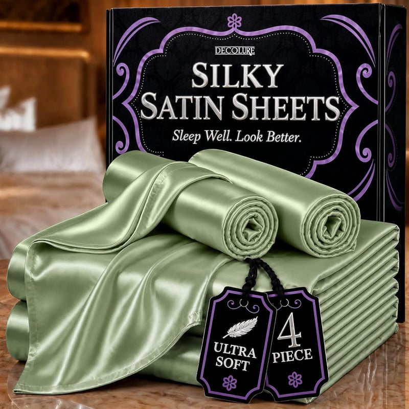 DECOLURE Satin Bed Sheets - 4 Piece Luxury Silky Full Size Bedding Set - Softer Than Silk, Wrinkle-Free with 15” Deep Pocket Fitted Sheet, Perfect for Hair & Skin, Gifts for Women (Sage Green) - Image 1
