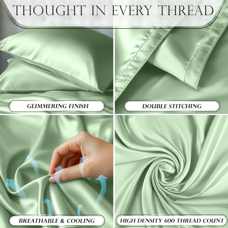 DECOLURE Satin Bed Sheets - 4 Piece Luxury Silky Full Size Bedding Set - Softer Than Silk, Wrinkle-Free with 15” Deep Pocket Fitted Sheet, Perfect for Hair & Skin, Gifts for Women (Sage Green) - Image 3
