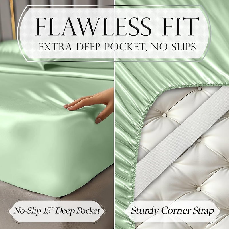 DECOLURE Satin Bed Sheets - 4 Piece Luxury Silky Full Size Bedding Set - Softer Than Silk, Wrinkle-Free with 15” Deep Pocket Fitted Sheet, Perfect for Hair & Skin, Gifts for Women (Sage Green) - Image 5