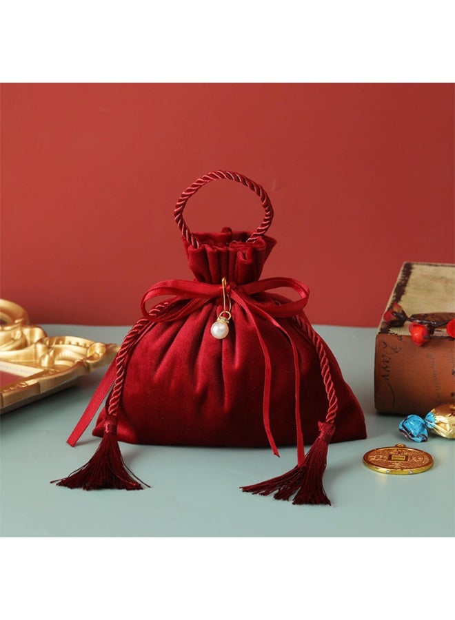 Velvet Drawstring Jewelry Pouches with Tassels and Pearl, 16x17cm, Red, Set of 20 - Image 2