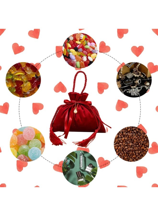 Velvet Drawstring Jewelry Pouches with Tassels and Pearl, 16x17cm, Red, Set of 20 - Image 4