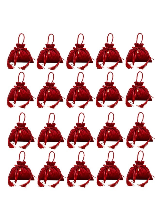 Velvet Drawstring Jewelry Pouches with Tassels and Pearl, 16x17cm, Red, Set of 20 - Image 1
