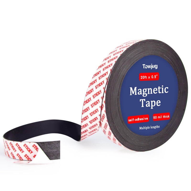 Towjug 20 Feet Magnetic Tape Roll with Self Adhesive Backing, 1/2 in Width Flexible Sticky Magnet Strips for Craft DIY Projects, Garage, Whiteboards and Fridge Organization-0.06" Thick - Image 1