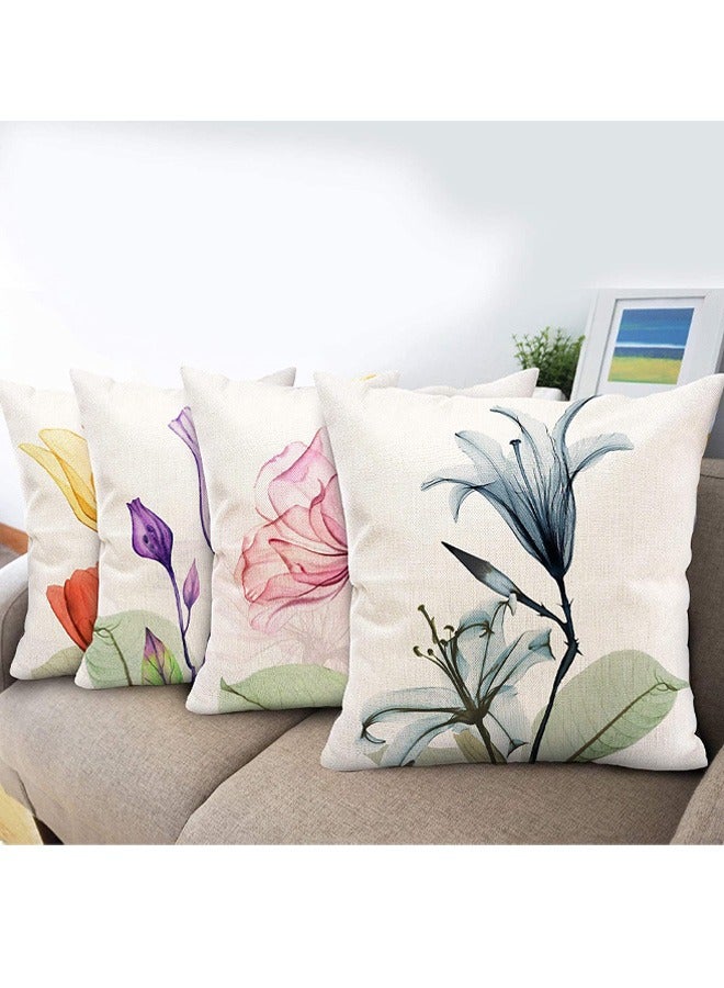 GUSGU Decorative Floral Flower Throw Pillow Covers 45x45cm Decorations Linen Square Pillow Cases Ink Flower Linen Printed Pillowcase Outdoor Sofa Couch Home Bed Decor Cushion Covers Set of 4  - Image 2