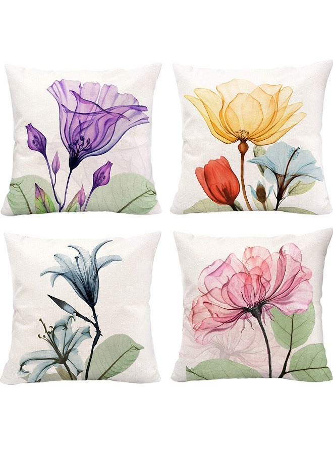 GUSGU Decorative Floral Flower Throw Pillow Covers 45x45cm Decorations Linen Square Pillow Cases Ink Flower Linen Printed Pillowcase Outdoor Sofa Couch Home Bed Decor Cushion Covers Set of 4  - Image 1