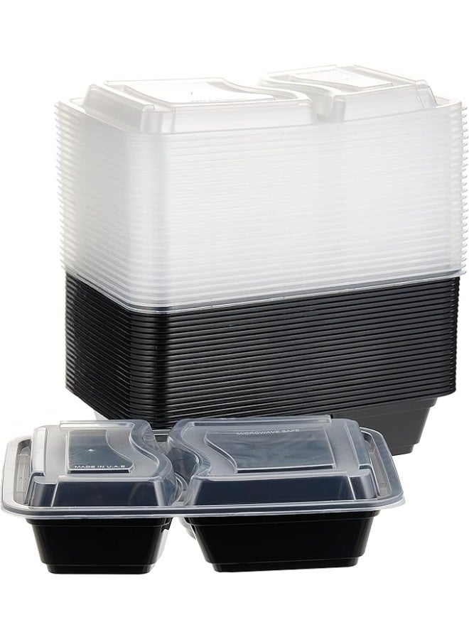 Lynacz Original 48 Pieces Microwave Disposable Container With Lid Rectangular - 2 Compartment Meal Prep Container Set - Plastic Container For Kitchen Food Storage - Take Away Containers For Lunch Boxes - Image 1