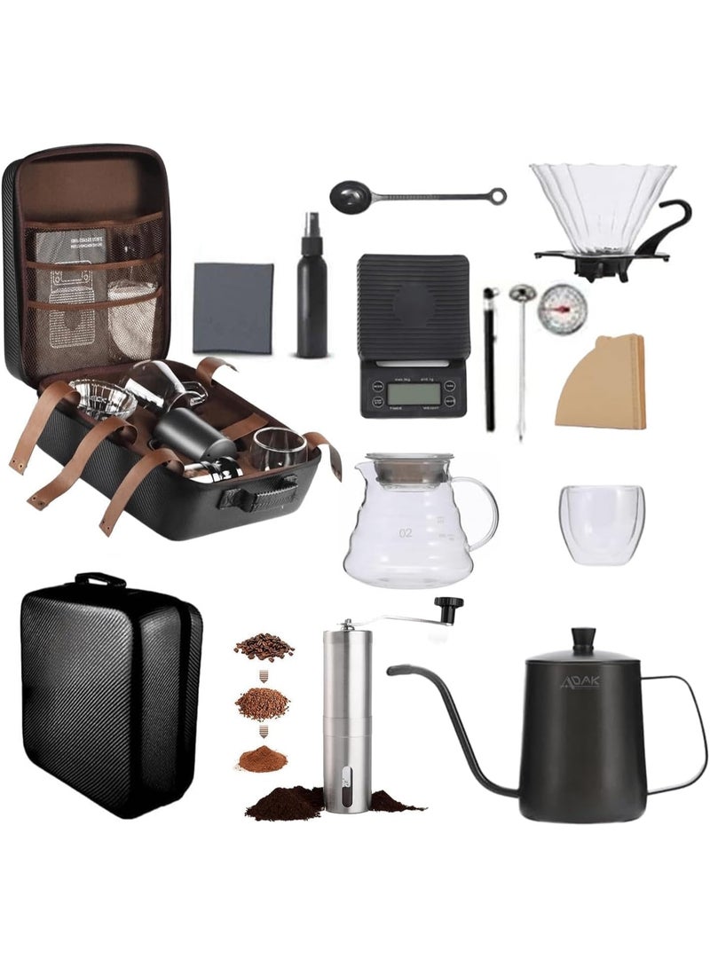 Professional Coffee Brewing Set (15-in-1) – Includes a manual grinder, glass server, stainless steel kettle, scale, thermometer, filters, a cup, and a complete set of accessories for coffee enthusiasts. - Image 1