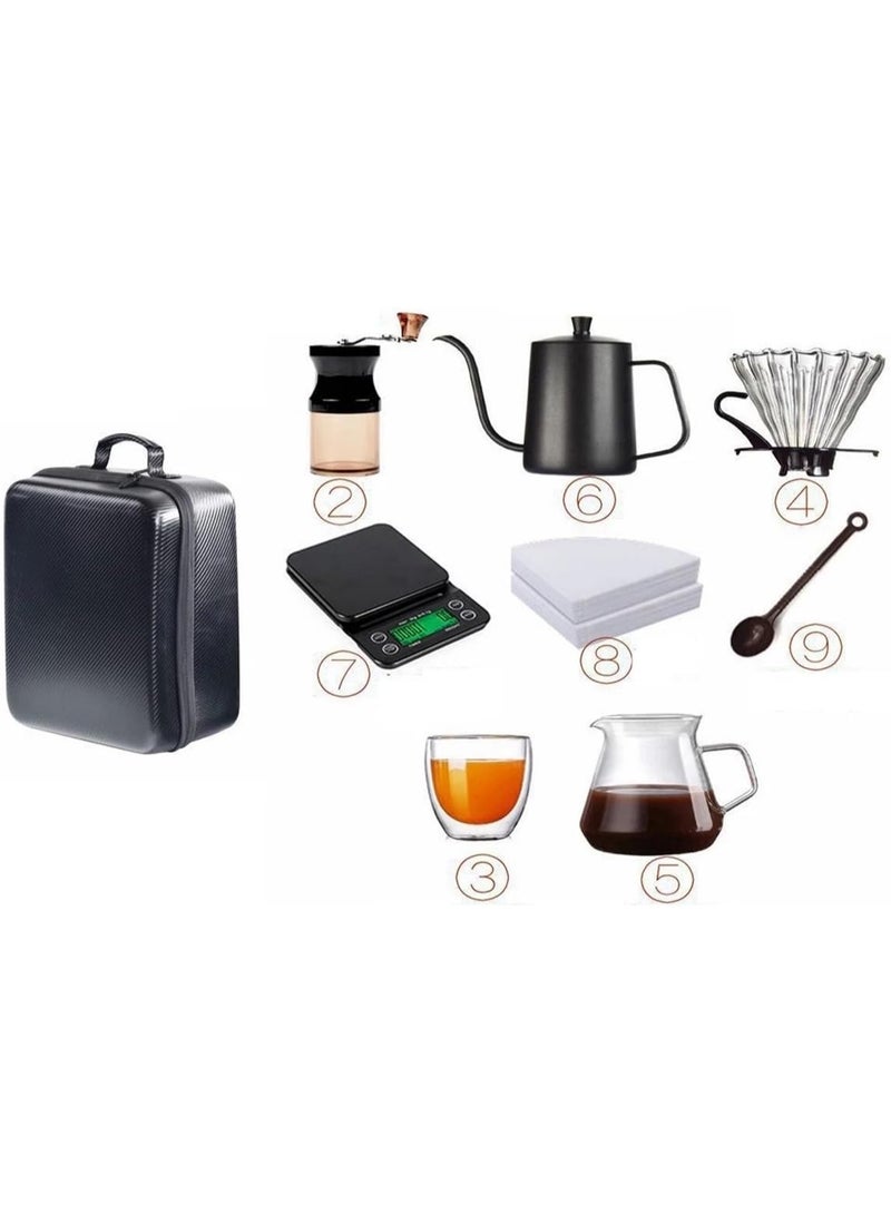 Professional Coffee Brewing Set (15-in-1) – Includes a manual grinder, glass server, stainless steel kettle, scale, thermometer, filters, a cup, and a complete set of accessories for coffee enthusiasts. - Image 2