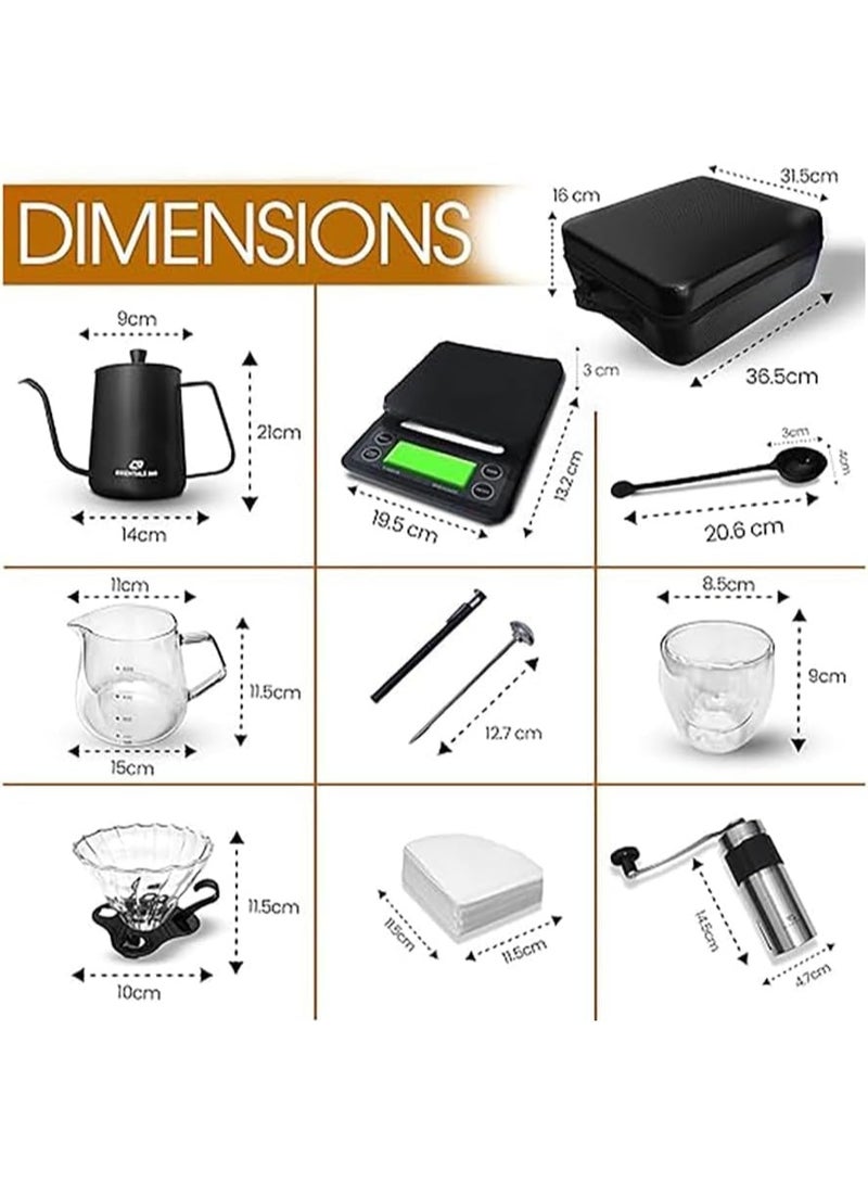 Professional Coffee Brewing Set (15-in-1) – Includes a manual grinder, glass server, stainless steel kettle, scale, thermometer, filters, a cup, and a complete set of accessories for coffee enthusiasts. - Image 5