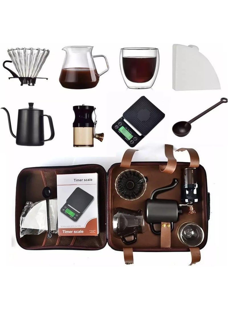 Professional Coffee Brewing Set (15-in-1) – Includes a manual grinder, glass server, stainless steel kettle, scale, thermometer, filters, a cup, and a complete set of accessories for coffee enthusiasts. - Image 4