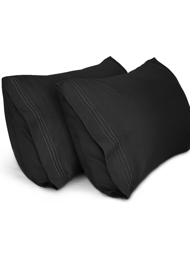 Lirex Pillow Cases (2 Pack), 1800 Thread Count Embroidered Queen Size Soft Brushed Microfiber Pillowcases, Machine Washable Wrinkle Free Breathable (Black, Queen) - Image 1