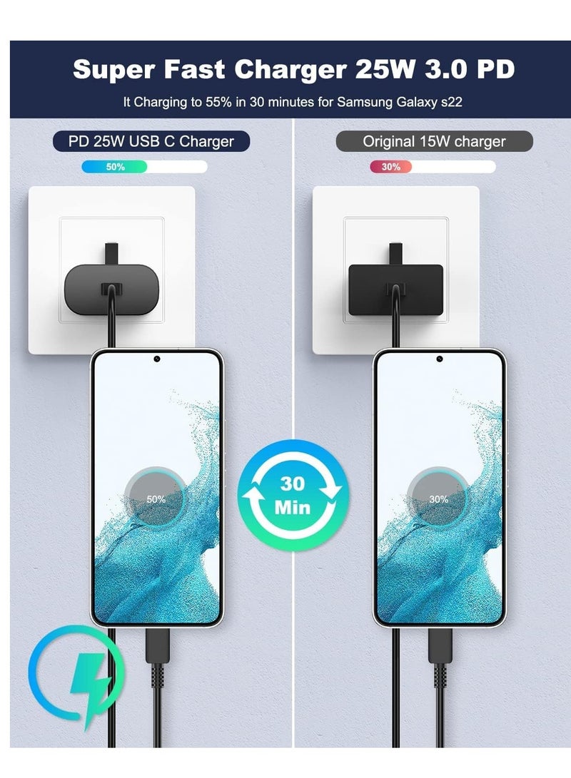 شاحن سريع 25 وات لهاتف Samsung Galaxy S22، S22Ultra، S22+، S21، S20، A32، A33، A53، A73، قابس شاحن USB C فائق السرعة مع كابل شحن من النوع C بطول 1.5 متر - Image 3