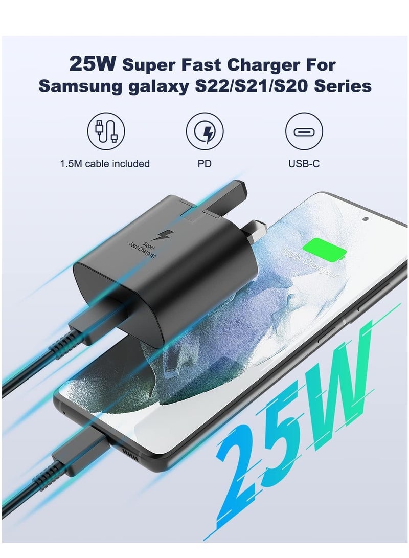 شاحن سريع 25 وات لهاتف Samsung Galaxy S22، S22Ultra، S22+، S21، S20، A32، A33، A53، A73، قابس شاحن USB C فائق السرعة مع كابل شحن من النوع C بطول 1.5 متر - Image 2