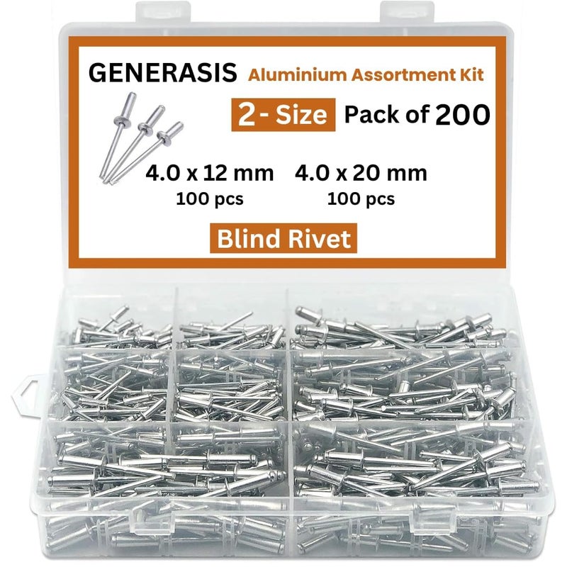 GENERASIS طقم مسامير ألومنيوم عمياء بحجمين 200 قطعة، كل حجم 100 قطعة | مسامير POP معدنية لبندقية/آلة التثبيت، دبوس التثبيت (200 قطعة 4.0 × 12 و 4.0 × 20 بحجمين) - Image 1