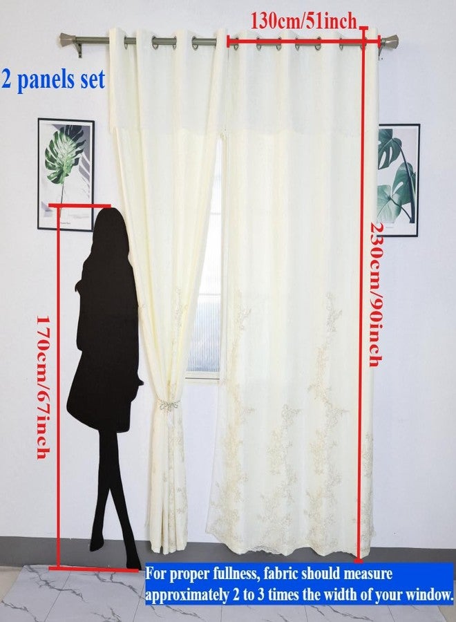 Amidoudou 1 Pair European Double Layer Curtains for Living Room Bedroom Luxury Flower Embroidered Curtains (White,51x90 Inch) - Image 4