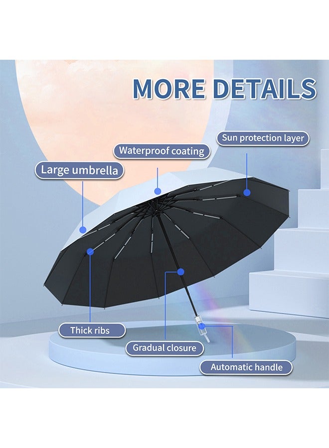 Automatic Folding Umbrella,Large Sunblock Umbrella with 24 Thick Fiberglass Ribs, Durable and Sturdy, Unisex, Black  - Image 3
