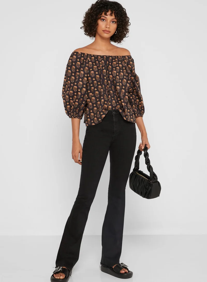 MANGO Puff Sleeves Printed Top