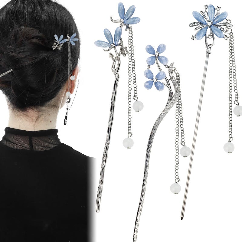 Arvintas 3PCS Hair Sticks for Buns Long Hair Chinese Hanfu Asian Vintage Hair Chopsticks Metal Silver - Image 1