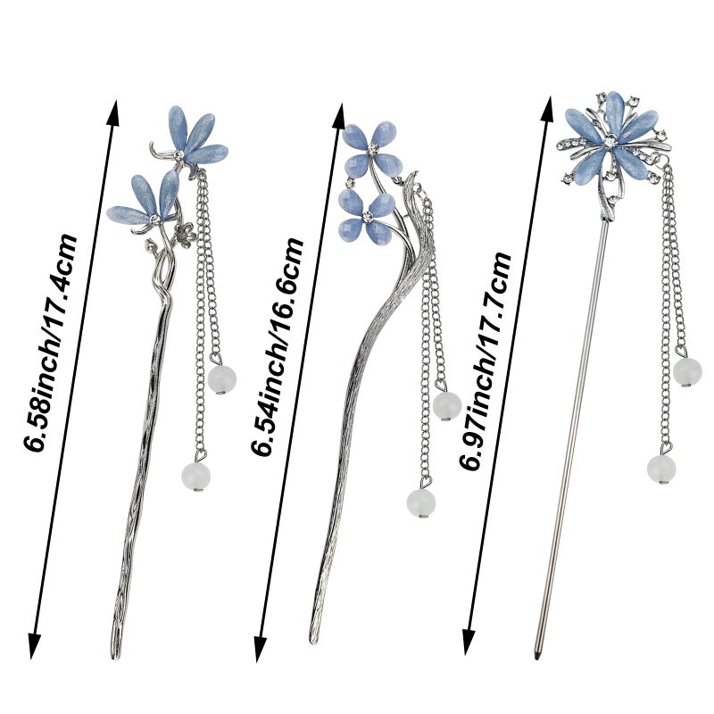 Arvintas 3PCS Hair Sticks for Buns Long Hair Chinese Hanfu Asian Vintage Hair Chopsticks Metal Silver - Image 2