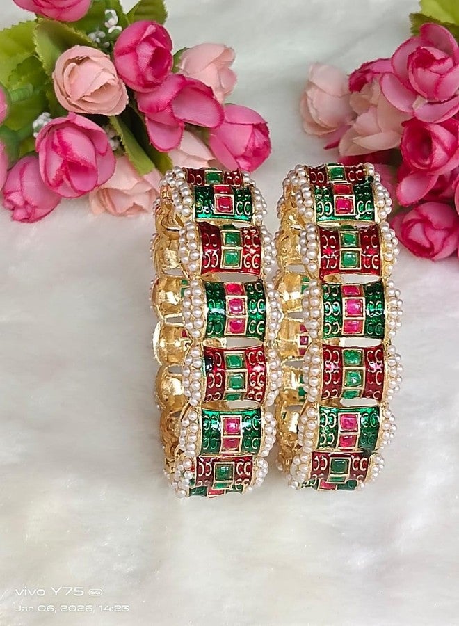 DENICRAAS Traditional Meenakari Pearl Gold Plated Bangles for Women & Girls | Multicolor Stone Studded Kada Bracelet Set | Ethnic Wedding Festive Jewellery | Stylish Designer Bangles (2.10) - Image 5