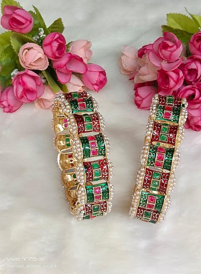 DENICRAAS Traditional Meenakari Pearl Gold Plated Bangles for Women & Girls | Multicolor Stone Studded Kada Bracelet Set | Ethnic Wedding Festive Jewellery | Stylish Designer Bangles (2.10) - Image 4