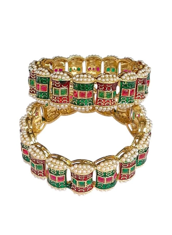 DENICRAAS Traditional Meenakari Pearl Gold Plated Bangles for Women & Girls | Multicolor Stone Studded Kada Bracelet Set | Ethnic Wedding Festive Jewellery | Stylish Designer Bangles (2.10) - Image 2